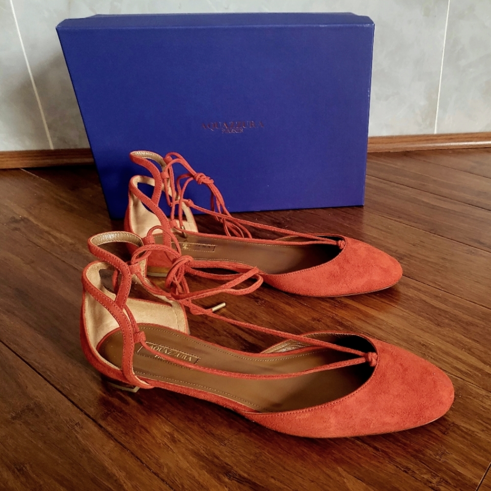 Aquazzura Firenze Blood Orange Suede Austin Ankle-Tie Flats